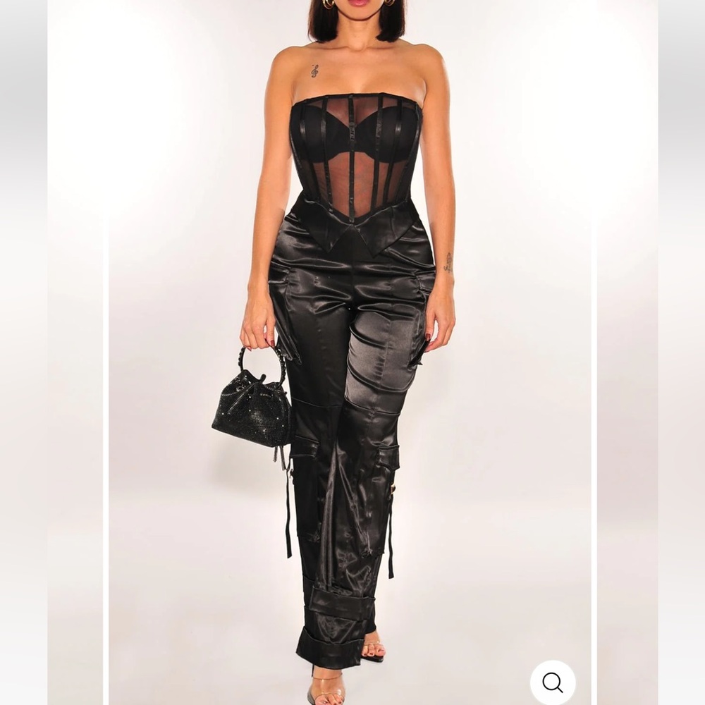 Black Mesh Strapless cargo Jumpsuit
